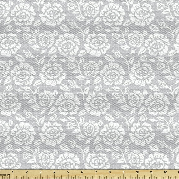 Ambesonne Grey Fabric by the Yard Upholstery, Vintage Style White Roses, 2 Yards, Grey White