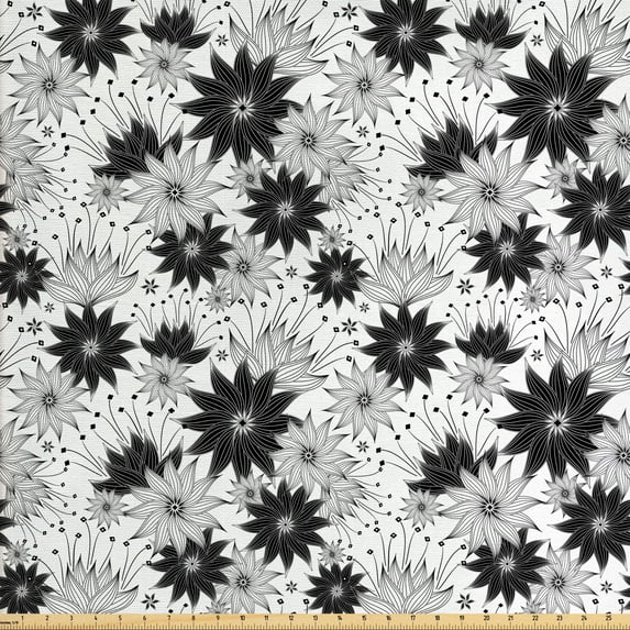 Ambesonne Vintage Fabric by the Yard Upholstery, Flowers Bridal Floral, 5 Yards, White Black