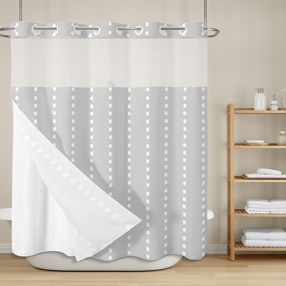 Grey Faded Stripes No Hook Shower Curtain with Snap in Liner, Modern Abstract Art Minimalist Gray Dots Lines Waterproof Shower Curtains with See Through Top Window Liner for Bathroom, 72x72 Inches