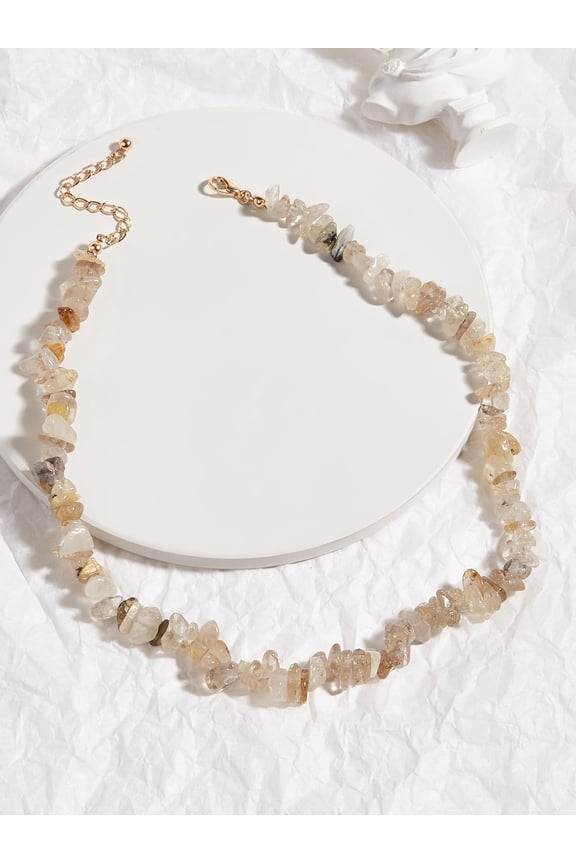 Grey Fairycore Raw Stone Beaded Necklace With Goldtone Clasp
