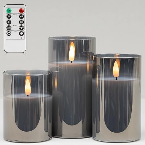 Grey Fake Candles Battery Operated, Flickering Flameless Candles with Timer and Remote, Glass LED Electric Pillar Candles Set of 3 for Home Coffee Table Bathroom Decor