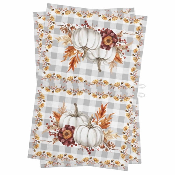 Grey Fall Kitchen Towels Set of 2, Water Absorbent Dish Towel, Thanksgiving Maple Leaf Harvest Botanical Plaid Decorative Hand Towels - Quick Drying Cloth for Cooking Baking, 18x28 Inch