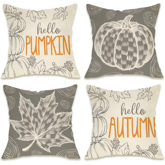 Grey Fall Maple Leaves Decorative Throw Pillow Covers 18 x 18 Set of 4, Hello Autumn Pumpkin Porch Patio Outdoor Pillowcase, Seasonal Sofa Couch Cushion Case Home Decor