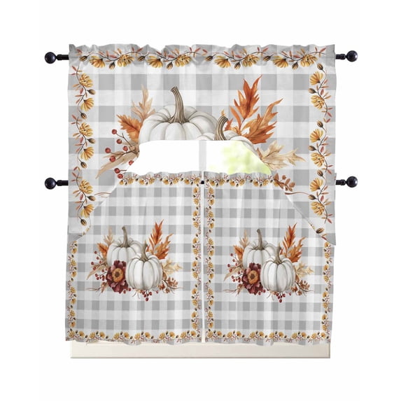 Grey Fall Swag Kitchen Curtains Sets for Windows 24 Inch Length, Thanksgiving Maple Leaf Harvest Botanical Plaid Short Window Curtain Panels Swags Valances and Tiers 3 Piece Set for Cafe/Dining Room