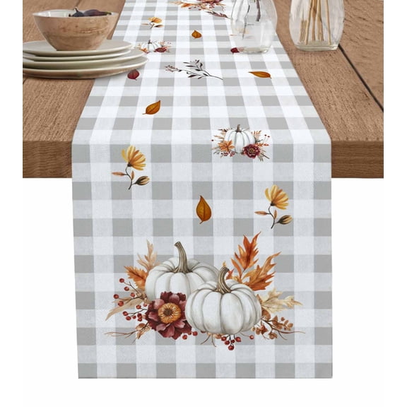 Grey Fall Table Runner 72 Inches, Thanksgiving Maple Leaf Harvest Botanical Plaid Bed Runner Dresser Scarves Tabletop for Indoor Outdoor Parties/Ceremony/Banquet, 13" x 72"