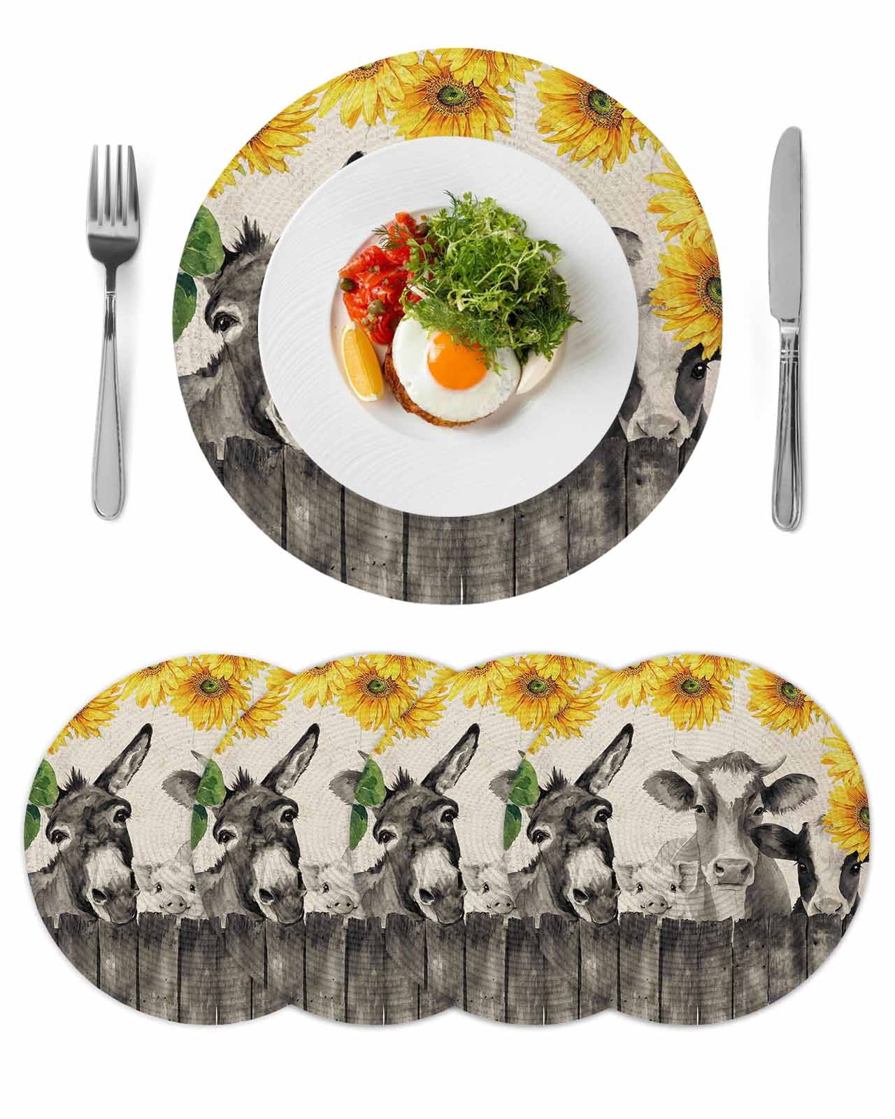 Pig Mat Table Grey Farm Animals Round 15 Inch Placemats Set of 4, Spring Sunflower ...