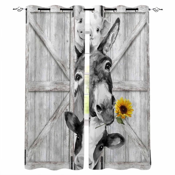 Grey Farmhouse Blackout Curtains for Bedroom, Vintage Sunflowers Animals Printed Thermal Insulated Kitchen Drapes with Grommets, Light Blocking Window Treatment, 2 Panels 27.5" x 39"