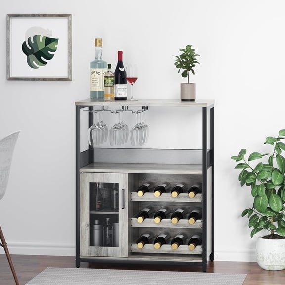 Grey Farmhouse Coffee & Wine Bar Cabinet, Detachable Wine Rack, Glass Holder, Mesh Door, Sideboard Buffet Storage
