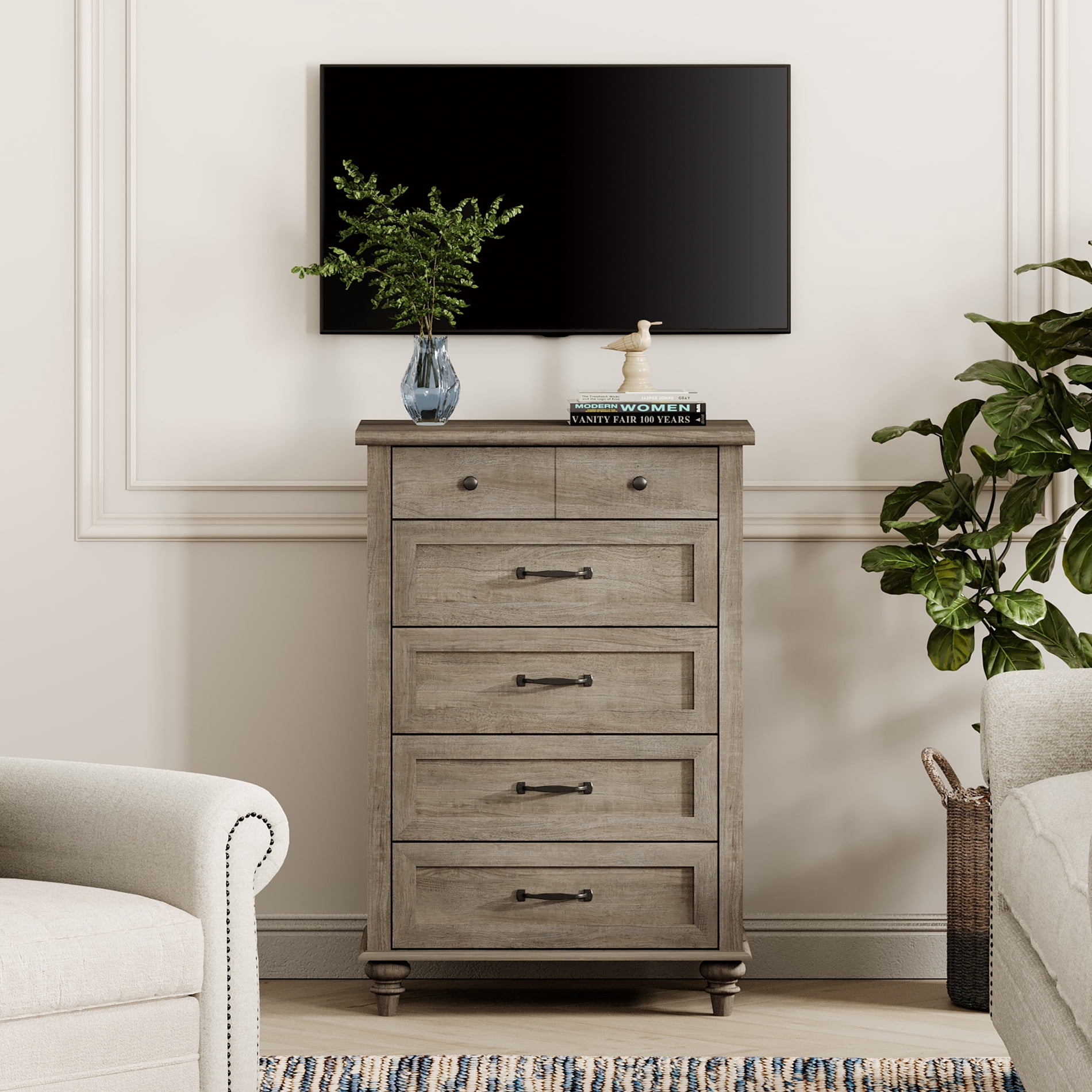 Grey Farmhouse Dresser - 5-Drawer Wooden Chest of Drawers for Bedroom Living Room