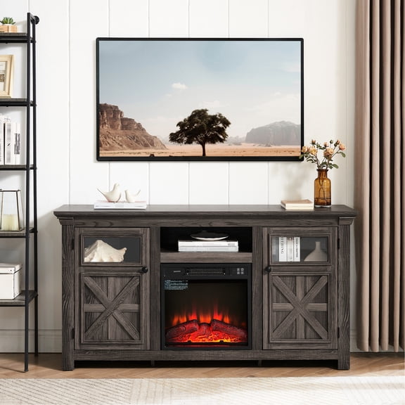 Grey Farmhouse Entertainment Center | Fireplace with Temperature and Timer Settings | MDF + PB Material for Durability | Solves Cable Clutter and Storage Problems