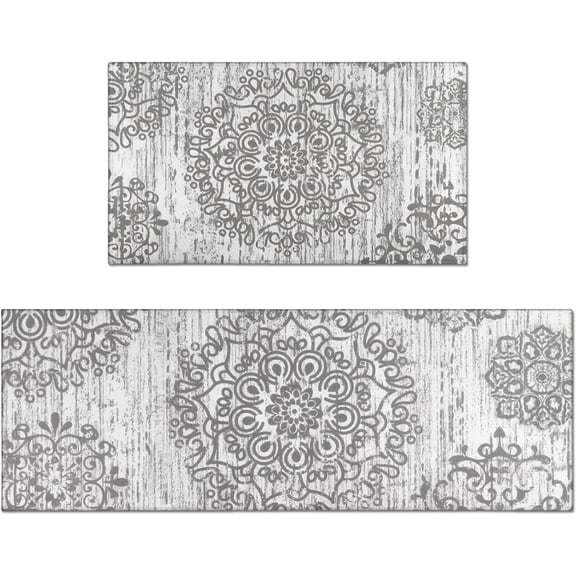 Grey Farmhouse Kitchen Rugs Sets of 2 Non Slip Washable Farmhouse Kitchen Mats for Floor 2 Piece Vintage Distressed Gray Boho Rug Mat Set Home Decor