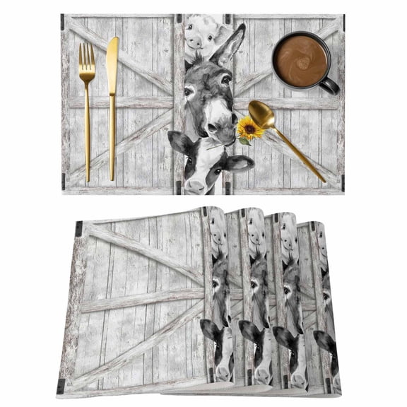 Grey Farmhouse Placemats Set of 6 Vintage Sunflowers Animals Printed Place Mats Indoor Wipeable Table Mats Washable Cloth Dining Table Placemats for Kitchen Holiday Party Home Decor 13x19 Inch