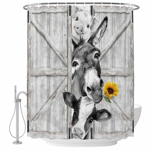 Grey Farmhouse Shower Curtain, Waterproof Shower Curtains for Bathroom, Vintage Sunflowers Animals Printed Washable Fabric Bathtub Curtain Set Bath Decor with 12 Hooks 72"x78"