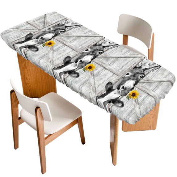 Grey Farmhouse Table Cloths for 8 Foot Rectangle Tables, Vintage Sunflowers Animals Printed Patio Waterproof Elastic Fitted Tablecloths, Washable Rectangular Table Cover for Camping
