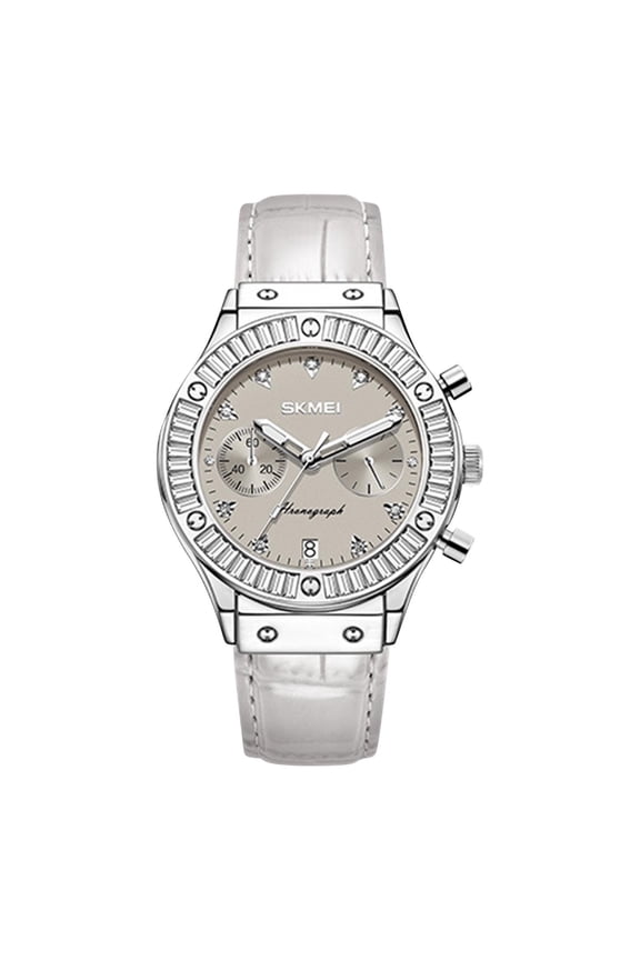 Grey Fashion Quartz Watch For Women With Crystal Rhinestone Bezel Date Display Waterproof Leather Strap Elegant Dress Wristwatch
