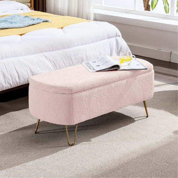 Grey Faux Fur Storage Bench | Used as Side Table and Extra Seating | Pleated Design for Aesthetic | Durable Metal Hardware