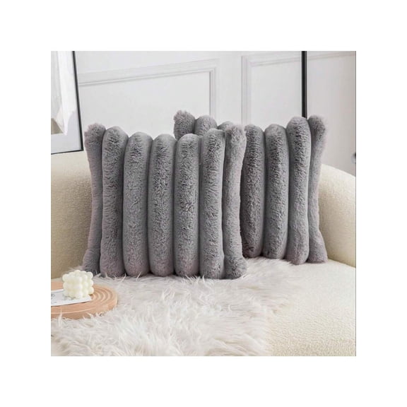 Grey Faux Fur Vertical Ribbed Lumbar Pillow Cover, Soft Decorative Bolster Sham For Sofa