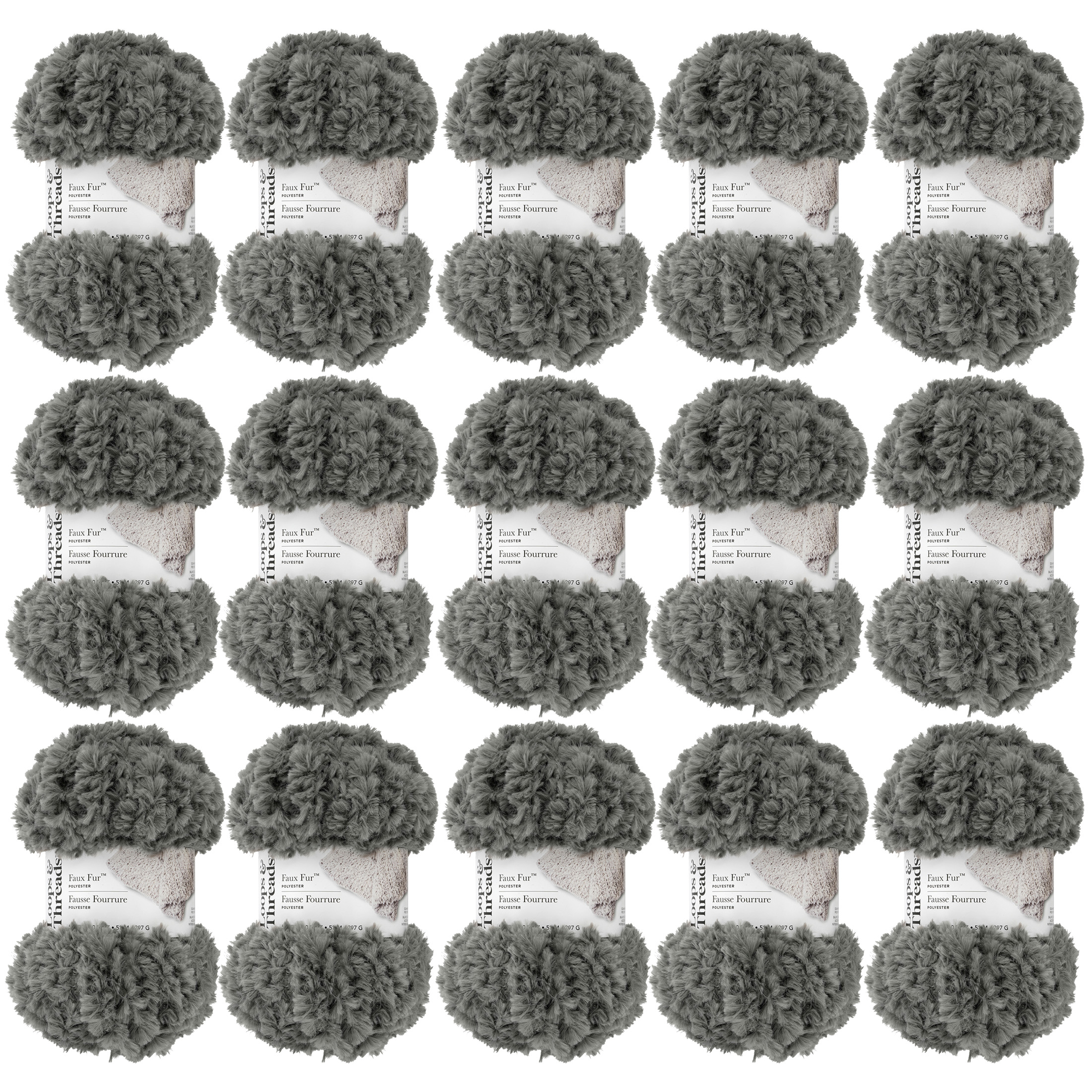 Loops & Threads Grey Faux Fur Yarn - Super Bulky Yarn for Knitting, Crochet, Weaving, Arts & Crafts, 15 Pack