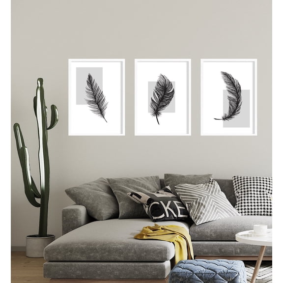 Grey Feather Sketch Posterset Minimalist Wall Art Modern Home Decor De, Stretched Canvas