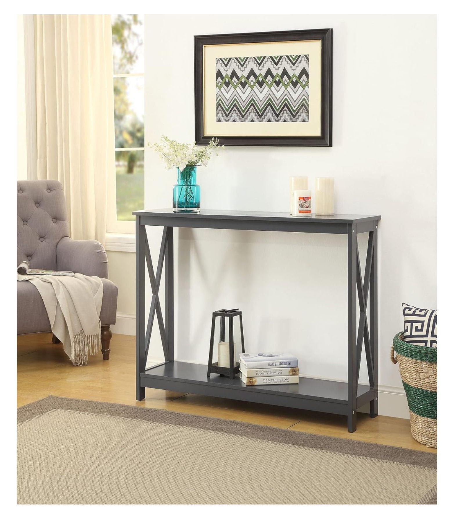 Grey Finish 3Tier XDesign Occasional Console Sofa Table with Shelf