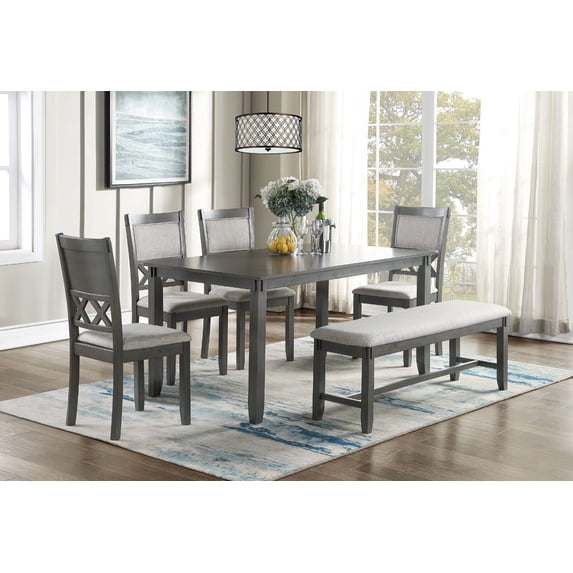 Grey Finish 6pc Dining Set Solid wood Upholstered Cushion Chairs Dining Table 4x Side Chairs And 1x Bench Dining Room Furniture