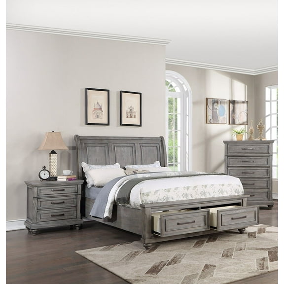 Grey Finish Wooden Cal King Size Bed 2x Nightstands 3pc Set Bedroom Furniture Sleigh 3-Panel Design Headboard Storage Footboard