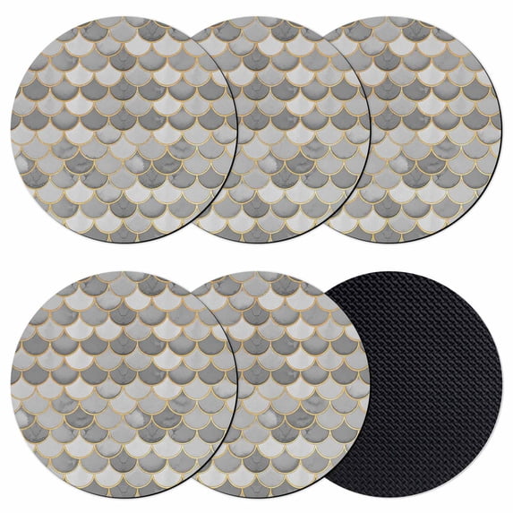 Grey Fish Scale Coasters Set of 6, Absorbent Coasters for Drinks, Modern Geometric Gold Abstract Moroccan Coaster for Desk Coffee Table Protection, Home Decor House Warming Gifts 4"