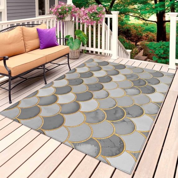 Grey Fish Scale Outdoor Rug for Patio/Deck/Porch, Non-Slip Large Area Rug 3 x 5 Ft, Modern Geometric Gold Abstract Moroccan Indoor Outdoor Rugs Washable Area Rugs, Camping Rug Carpet Runner