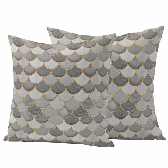 Grey Fish Scale Outdoor Waterproof Pillow Covers, Modern Geometric Gold Abstract Moroccan Decorative Square Throw Pillowcase Sofa Cushion Sham for Patio/Couch/Chair, 16"x16" 2 Pack