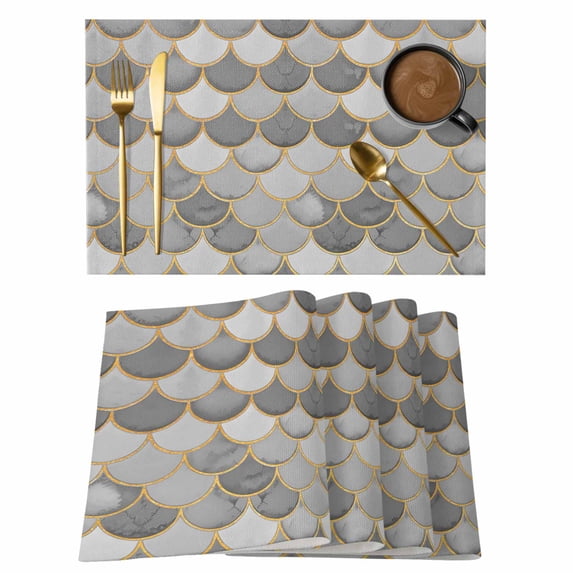 Grey Fish Scale Placemats Set of 4, Modern Geometric Gold Abstract Moroccan Placemats for Dining Table, Place Mats for Kitchen Tabletop, Waterproof Wipeable Dining Table Mats Set