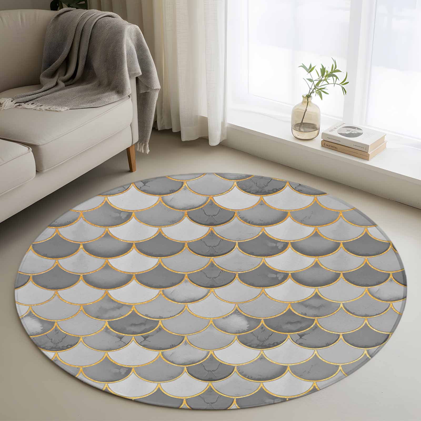 Grey Fish Scale Round Rug 3ft Washable Circle Entryway Rugs Non Slip ...