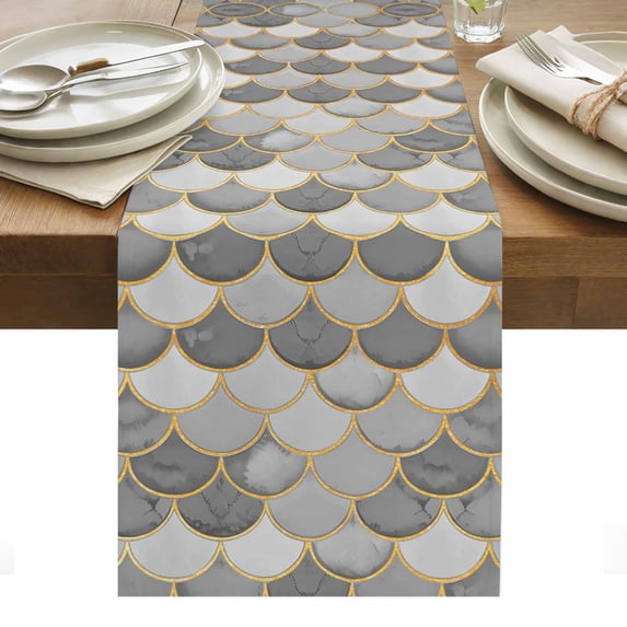 Grey Fish Scale Table Runner - 70 Inch Long, Kitchen Dining Table Runner Dresser Scarves, Modern Geometric Gold Abstract Moroccan Farmhouse Decor for Coffee Tables Wedding Party Banquet