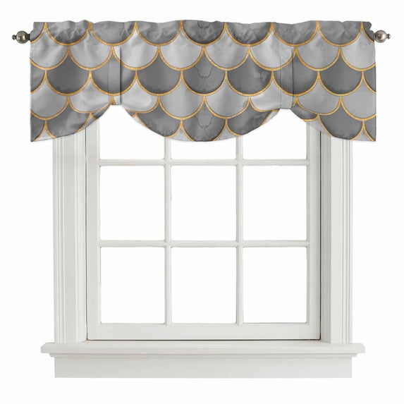 Grey Fish Scale Tie Up Valance Curtains for Windows, Kitchen Curtains Window Treatments, Modern Geometric Gold Abstract Moroccan Short Window Shades Valances for Bedroom Bathroom Cafe 42"x18"
