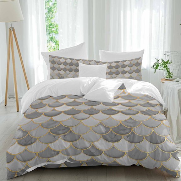 Grey Fish Scales Queen Size Comforter Set, Ombre Fish Tail Abstract Art Vintage Bedding for All Seasons, 4 Pcs Bed Set, 1Quiltcover (90"x92") ,1Sheet(94"x116"), 2Pillowcases (30"x20")