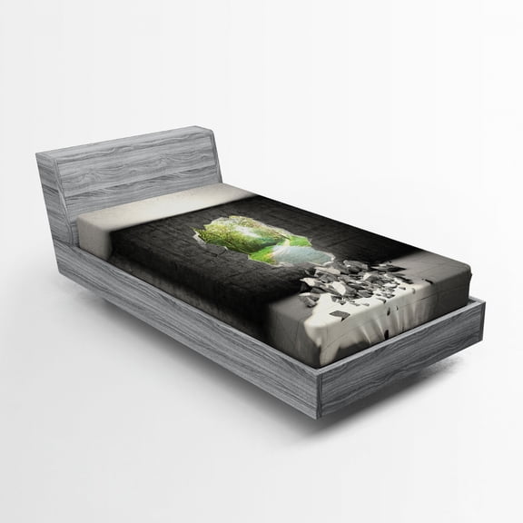Grey Fitted Sheet, Concrete Room with a Hole in the Wall and Exit to Freedom Escape Destruction Theme, Soft Decorative Fabric Bedding, Twin Size, Grey Green, by Ambesonne
