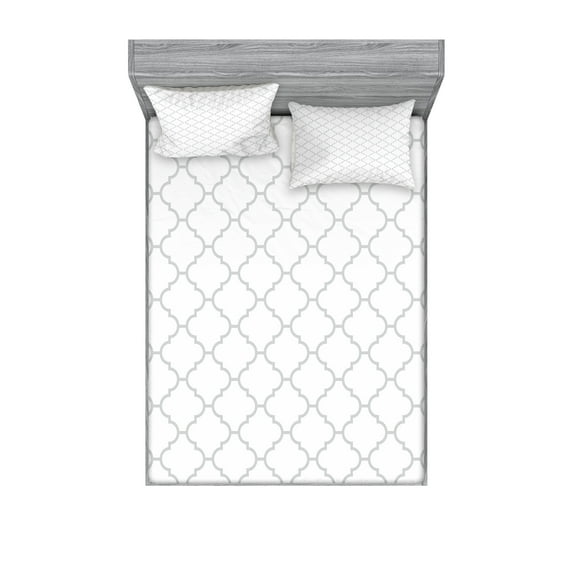 Grey Fitted Sheet & Pillow Sham Set, Simple Monochrome Patterns Geometric Linked Forms on Plain Background Modern, Decorative Printed 6 Piece Bedding Decor Set, Calking, White Grey, by Ambesonne