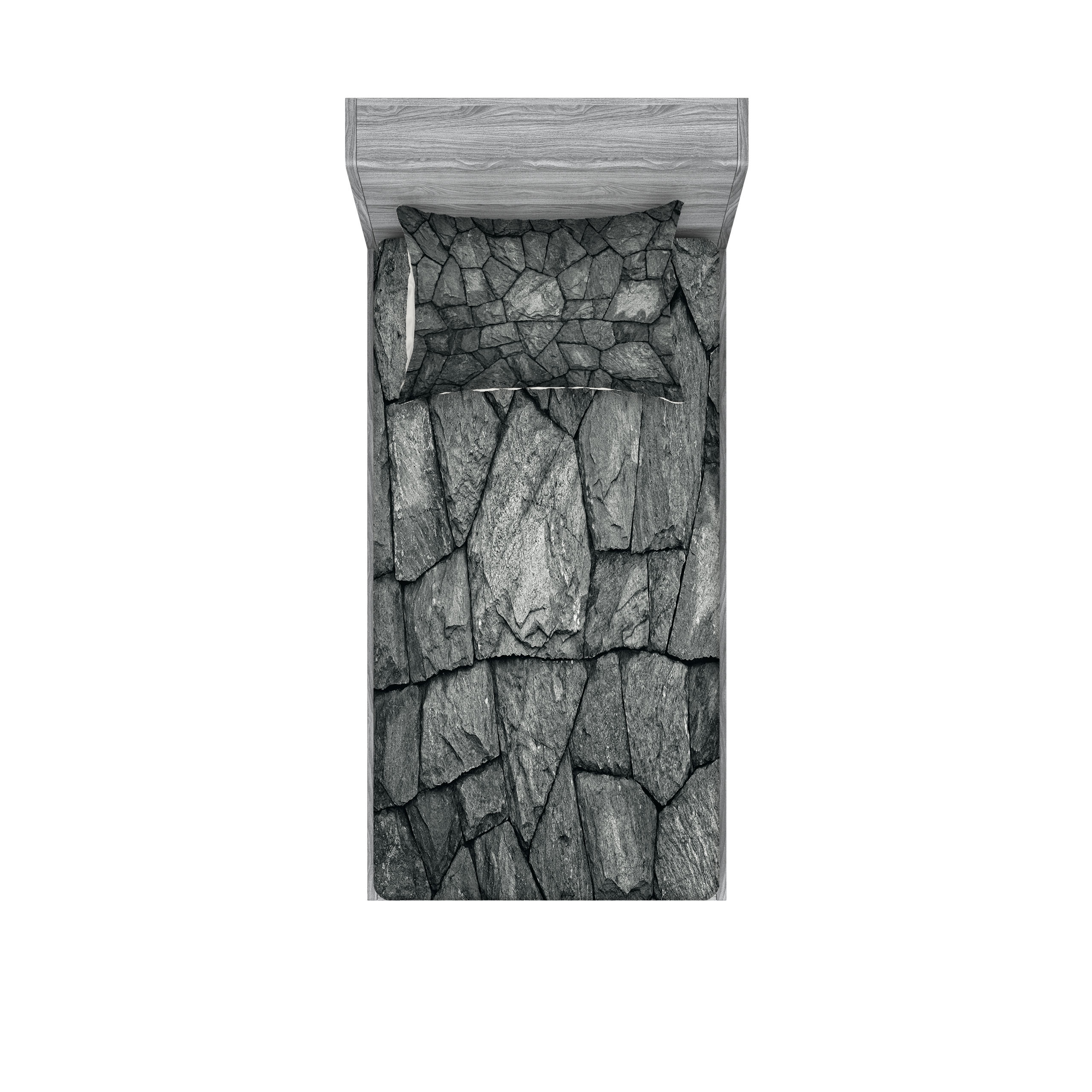 Rusty Pilo Block Grey Fitted Sheet & Pillow Sham Set, Stone Wall Texture Image Rough ...