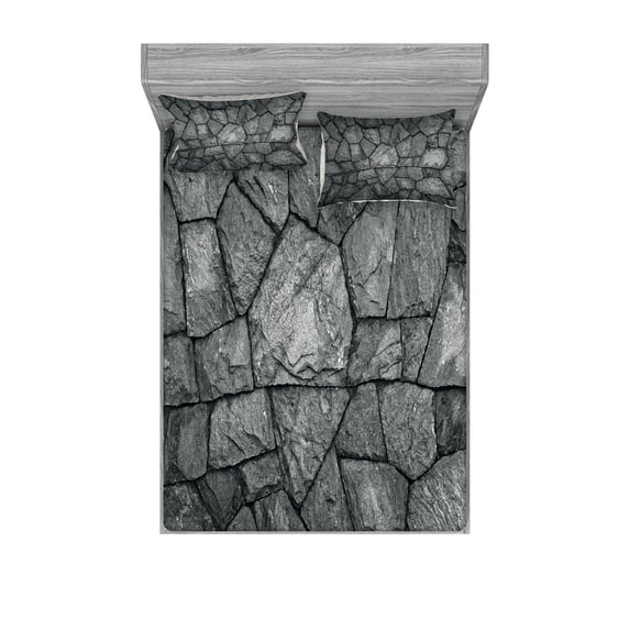 Grey Fitted Sheet & Pillow Sham Set, Stone Wall Texture Image Rough Rusty Blocks Obsolete Structure Antique Grunge Weathered, Decorative Printed 6 Piece Bedding Decor Set, King, Grey, by Ambesonne