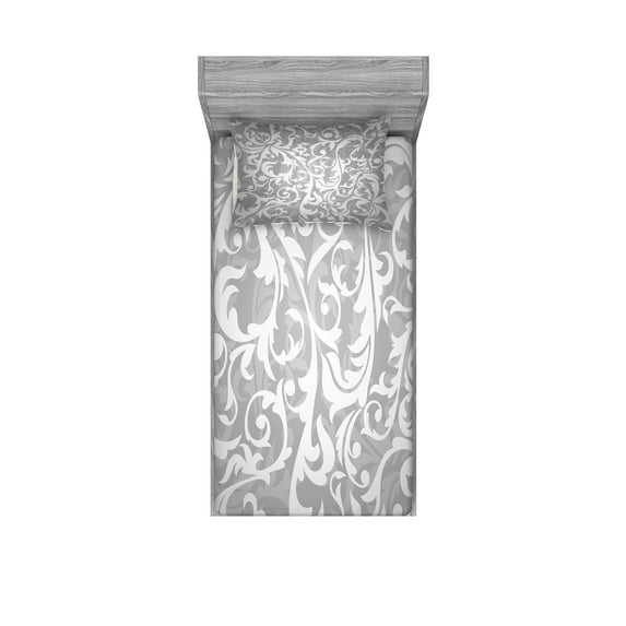 Grey Fitted Sheet & Pillow Sham Set, Victorian Style Large Leaf Floral Pattern Swirl Classic Abstract French Vintage Print, Decorative Printed 4 Piece Bedding Decor Set, Twinxl, Grey, by Ambesonne