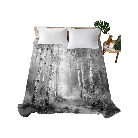 Grey Flat Sheets Only Queen Size, Soft Breathable Bed Top Sheets for Mattress, Modern Oil Painting Art Forest Luxury Bedding Flat Sheets for Home Hotel Bedroom Bed Protection