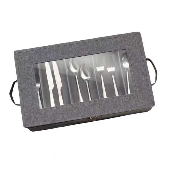 Grey Flatware Storage Case Box,Tableware Cutlery Utensil Storage Container with Cover/Lid,Silverware Organizer and Adjustable Compartments for Flatware Organization