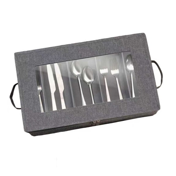 Grey Flatware Storage Case Box,Tableware Cutlery Utensil Storage Container with Cover/Lid,Silverware Organizer and Adjustable Compartments for Flatware Organization