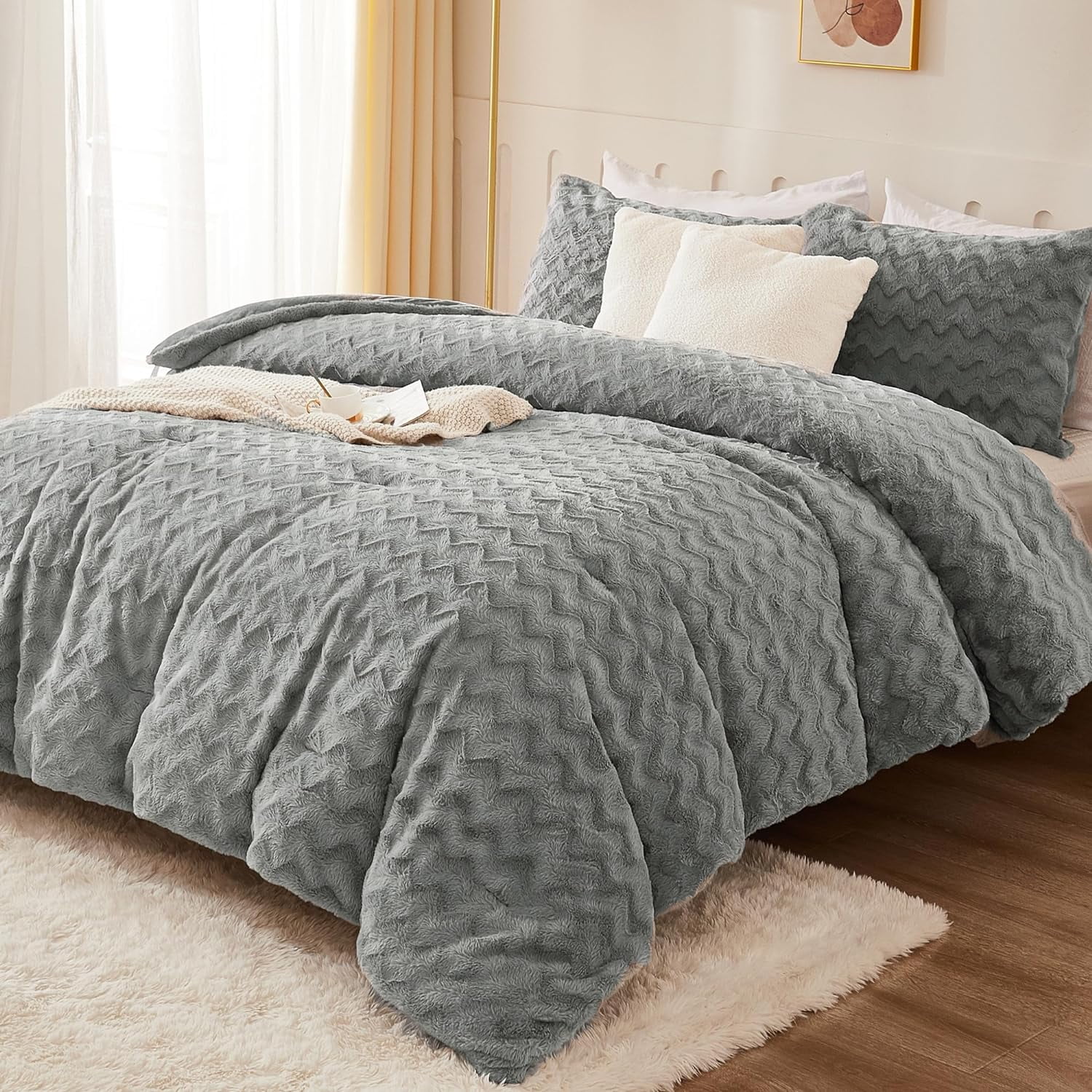 Grey Fleece Comforter Set Queen Size, 3 Pieces Fuzzy Fluffy Faux Fur