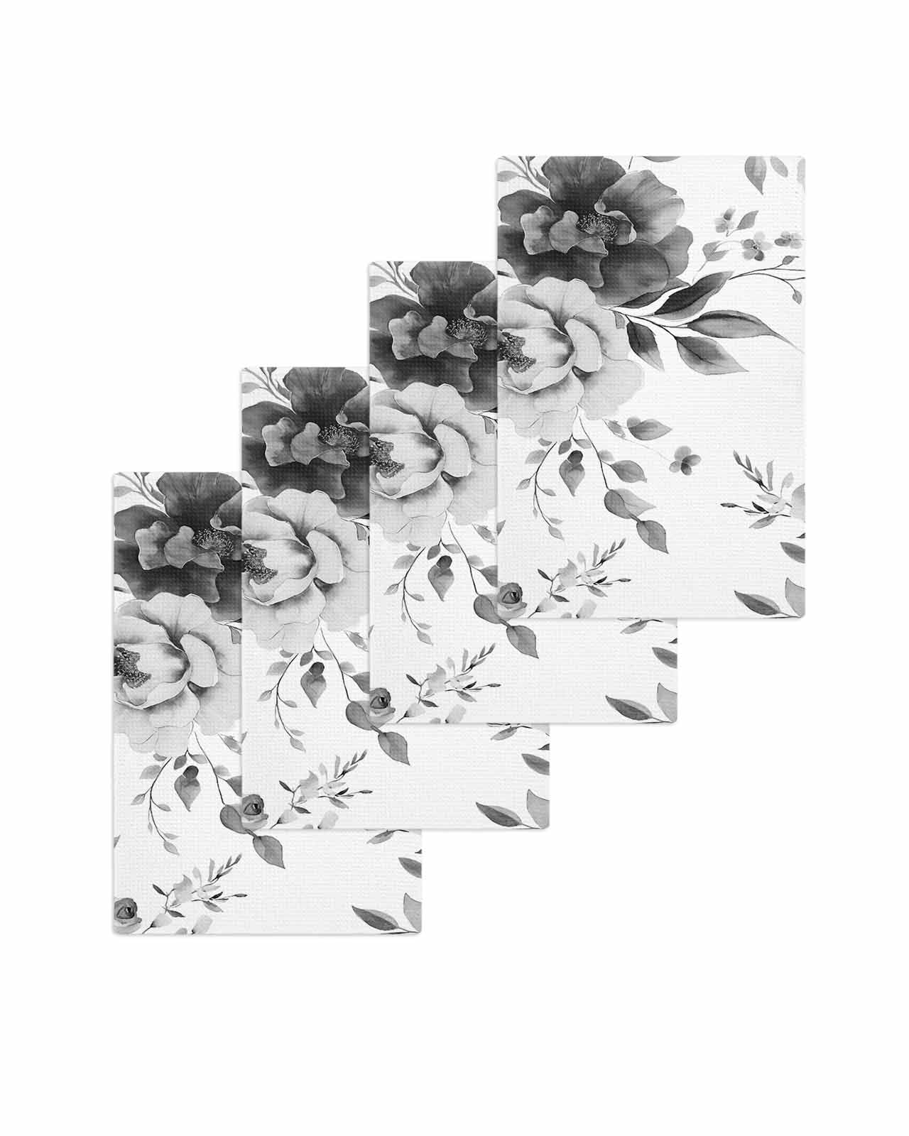 Grey Floral Art Kitchen Dish Towels for Drying Dishes Set of 4, Watercolor Botanical Spring Flowers Waffle Weave Microfiber Terry Hand Tea Bathroom Towels Quick Dry & Absorbent Towel 15.7x23.6
