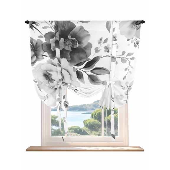 Grey Floral Art Tie Up Curtains for Windows 63 Inch Length Balloon Curtains Kitchen Adjustable Balloon Window Shade Watercolor Botanical Spring Flowers Tie Up Valance Bathroom Curtain Window 46"x63"