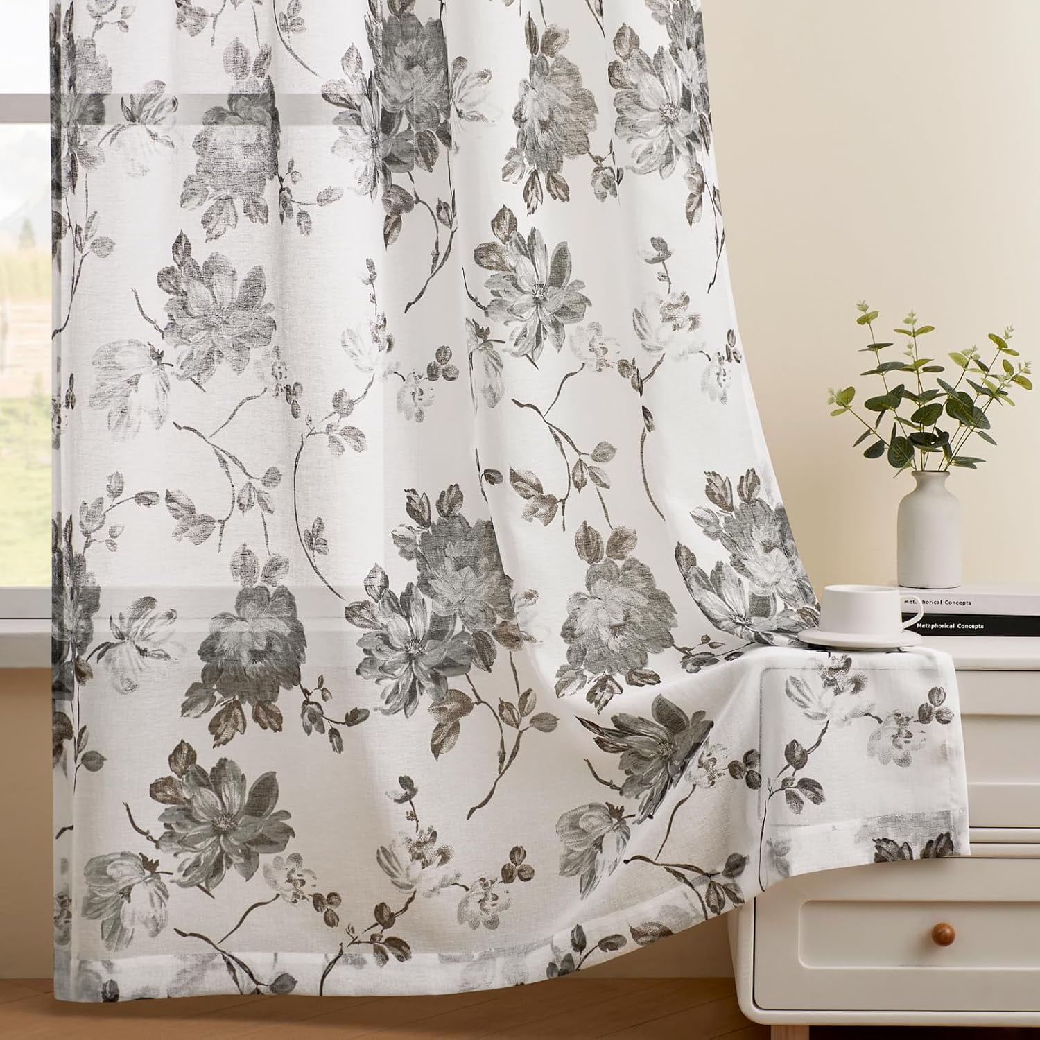 Grey Floral Curtains 84 Inches Long 2 Panels Set for Living Room Bedroom White Semi Sheer Curtains Rod Pocket Light Filtering Peony Flower Drapes for Home Office Dining Room, 52x84 Inch Length, Gray