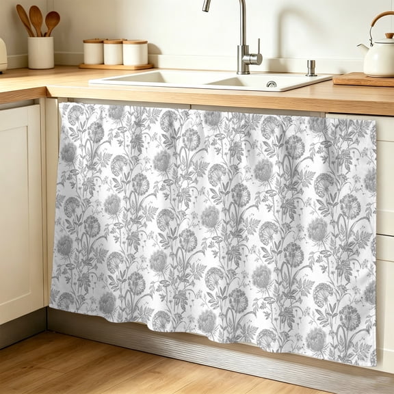 Grey Floral Cute Cabinet Curtains for Shelves, Summer Cozy Botanical Privacy Curtain for Closet Self Adhesive, Dust-Proof Drapes for Closet Storage Room Classroom Doorway, 32"W x 55"L