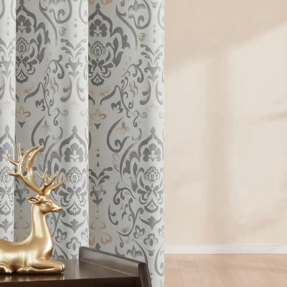 Grey Floral Damask Blackout Curtains for Living Room, Medallion Farmhouse Vintage Floral Watercolor Printed, Back Tab Thermal Insulated Drapes, 2 Panel