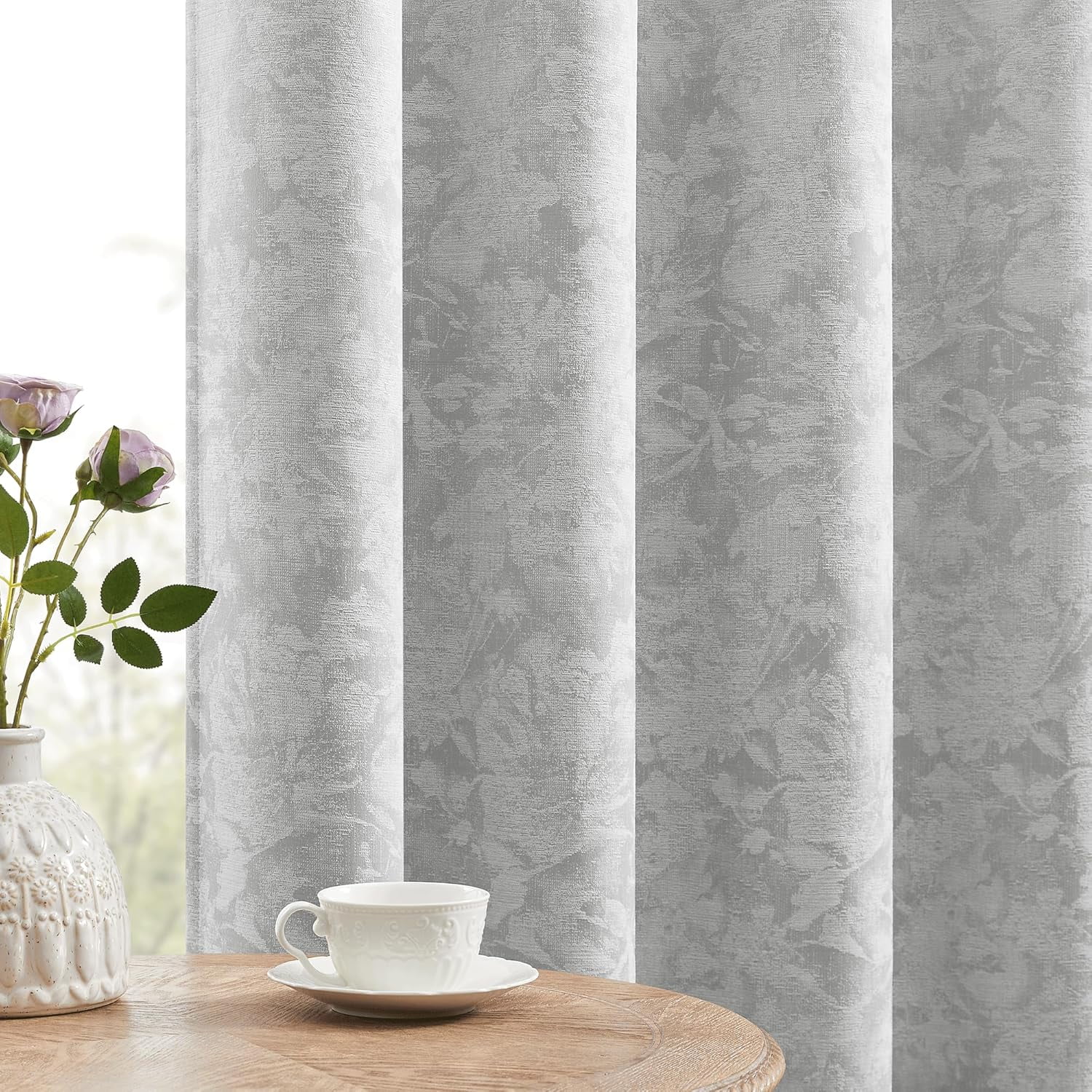 Grey Floral Jacquard Blackout Curtains 108 Inches Long 2 Panels for