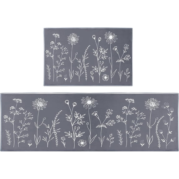 Grey Floral Kitchen Rugs and Mats Non Skid Washable Set of 2, Flower Leaf Vintage Rustic Kitchen Runner Rug, Farmhouse Kitchen Floor Mat Under Sink Mat Throw Rug for Doormat
